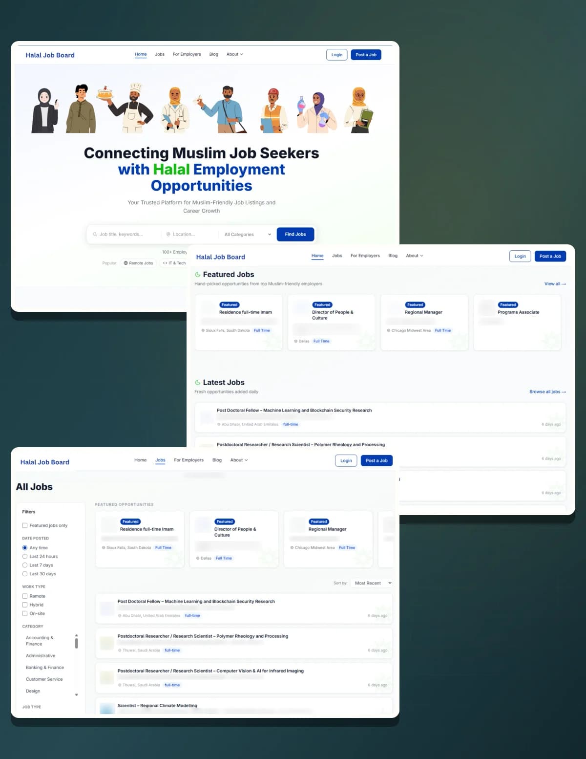 Three screens of the platform overlapping down a dark plate: the homepage and its search, the featured and latest listings, and the All Jobs browse with its filter rail. Employer names and logos are blurred out.